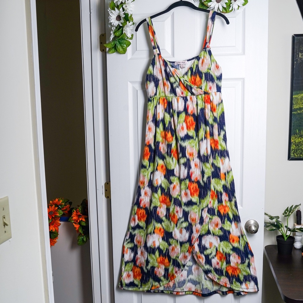 Floral Maxi Sundress in Navy, Orange & Lime Beach Dress Leg Slit Harlow & Rose